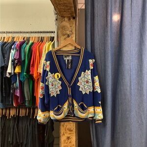 Vintage Floral  Embroidered Blue Cardigan